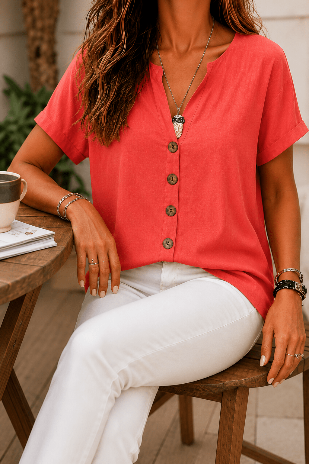 ELARA | Cotton-Linen V-Neck Blouse - Juliet & Rowe
